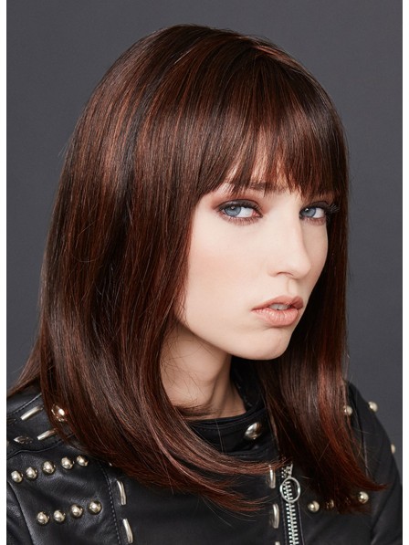 Mid Length Straight Human Hair Wigs with Full Bang