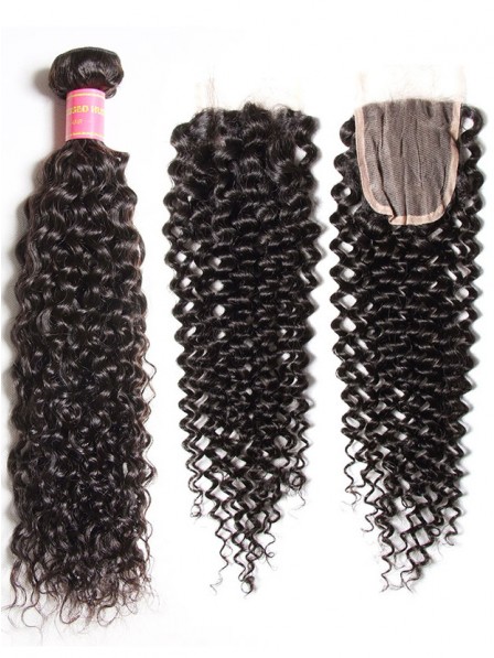 Peruvian Jerry Curly Human Hair With Lace Closure