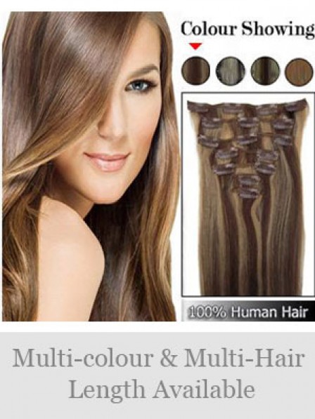 16" Straight Brown 100% Human Hair Clip In Hair Extensions