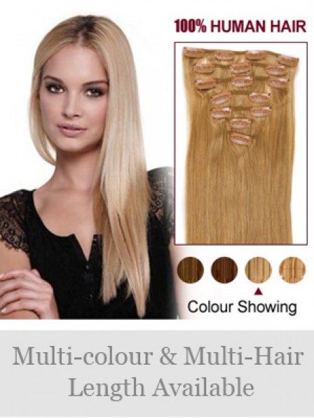 14" Straight Blonde Human Hair Clip In Hair Extensions