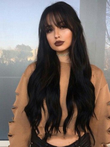 Natural women's black long hair lace front wigs with bangs
