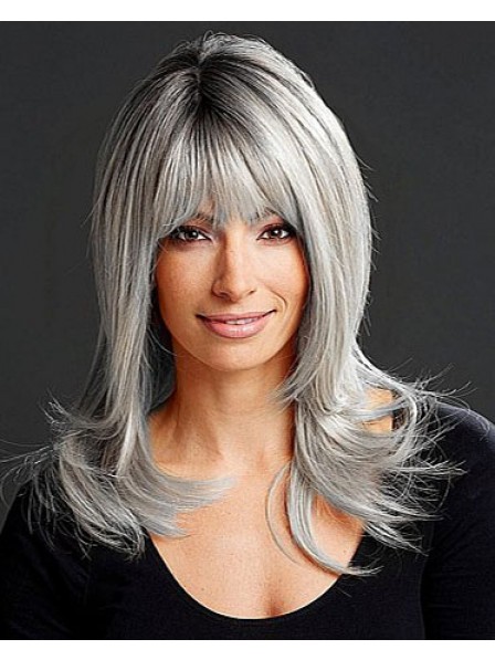 Long Straight Grey Layered Wig With Bangs