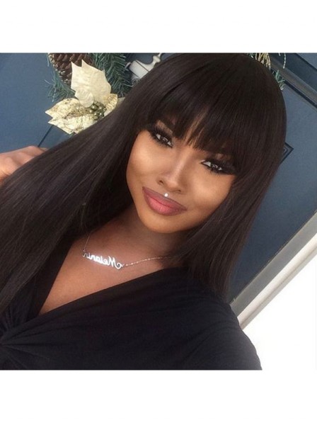 Soft Silky Straight Black Women S Wig With Full Bangs