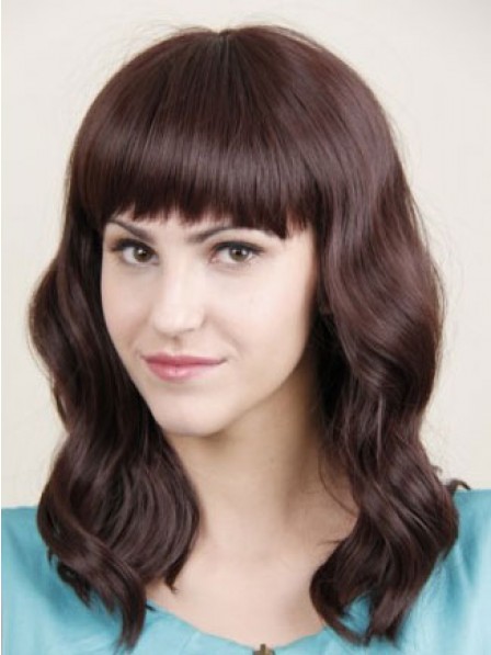 Long Wavy Human Hair Lace Front Women Wig With Full Bangs