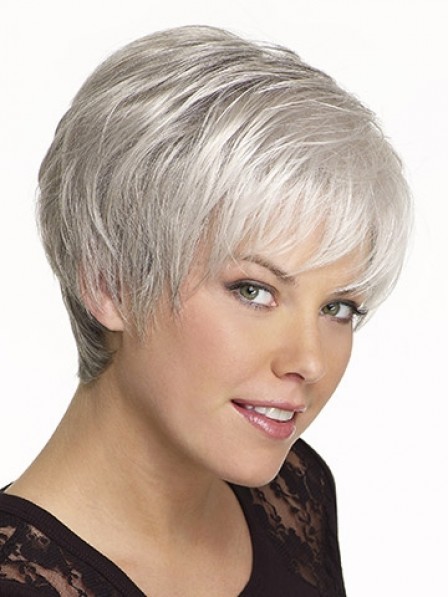 Grey Straight Lace Front Mono Top Hair Wig With Bangs