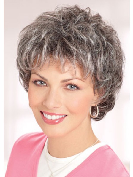 Short Layered Curly Capless Grey Hair Wig With Bangs