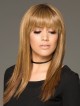 Long Straight Human Hair Blonde Wig Modern Hairstyle with A Blunt Bang